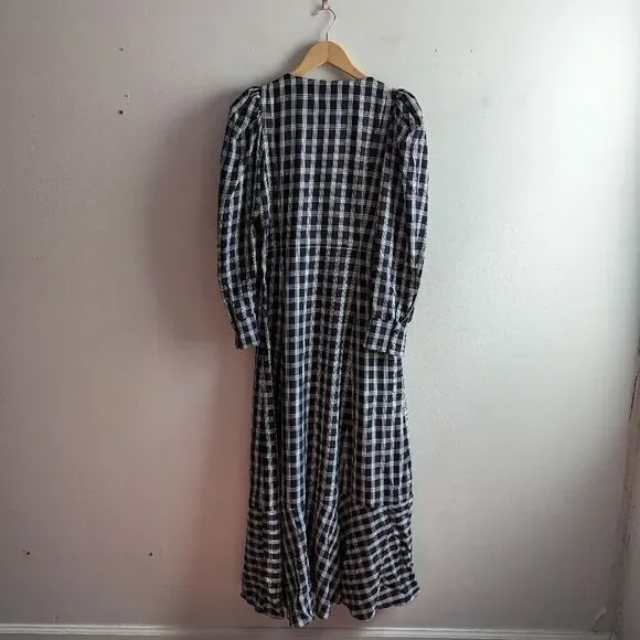 Mr. Larkin navy blue white plaid checkered puff sleeve button down maxi dress - Picture 6 of 7